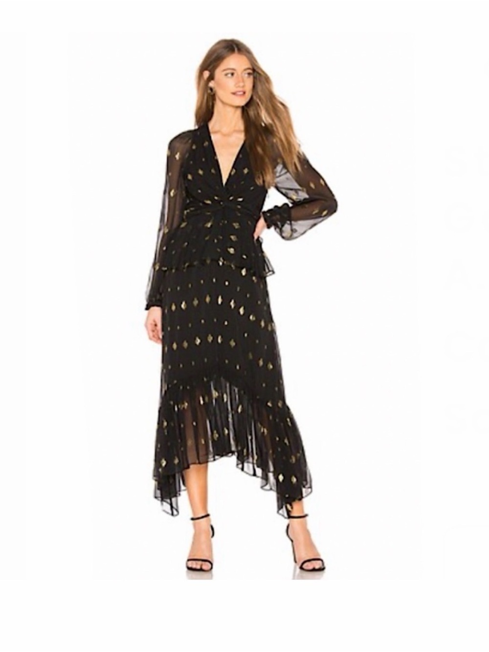A.L.C. Stanwyck Dress Ruffle Sheer Long Sleeve Silk Midi Gold Metallic Black 4